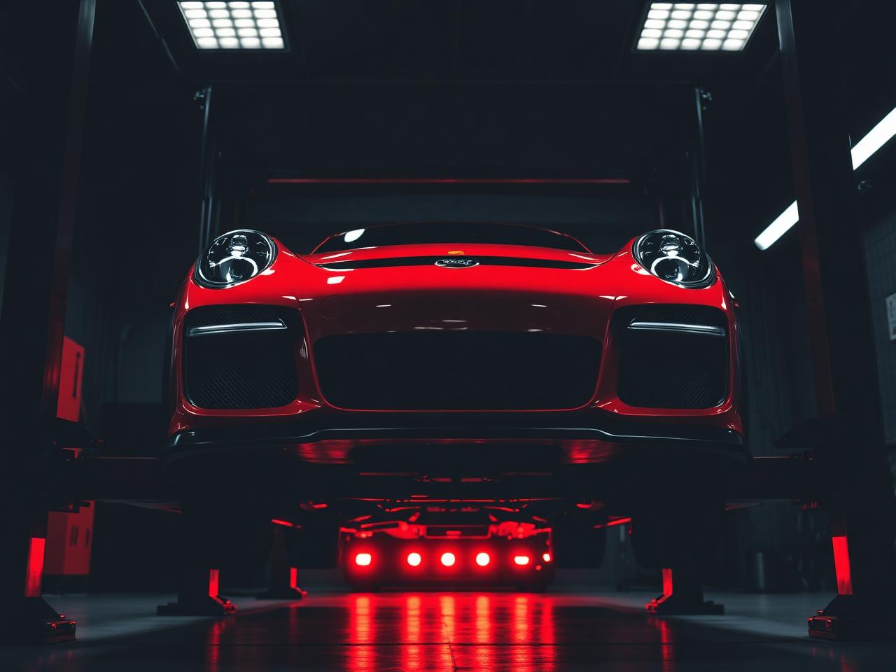 Red sports car on a lift inside our garage