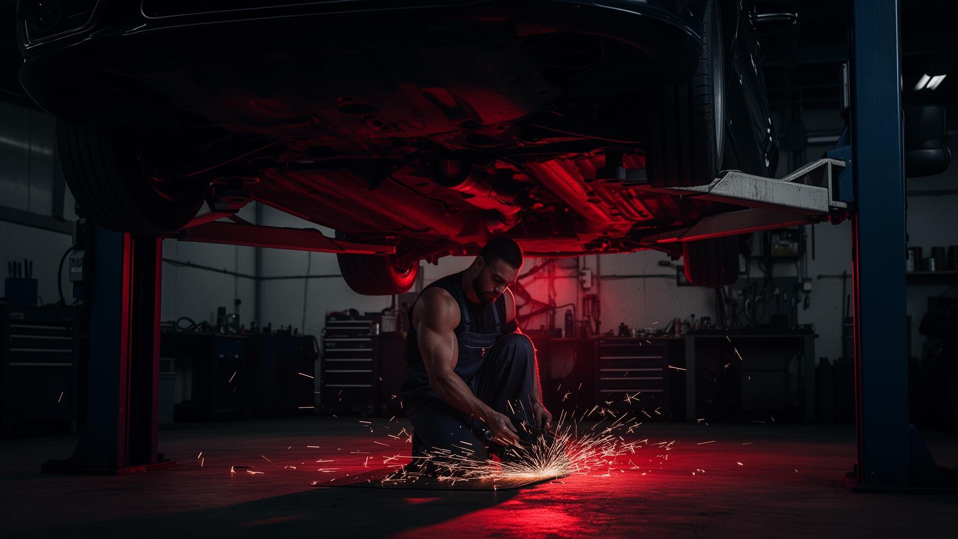 Mechanic working under a car in a dimly lit garage with red lighting